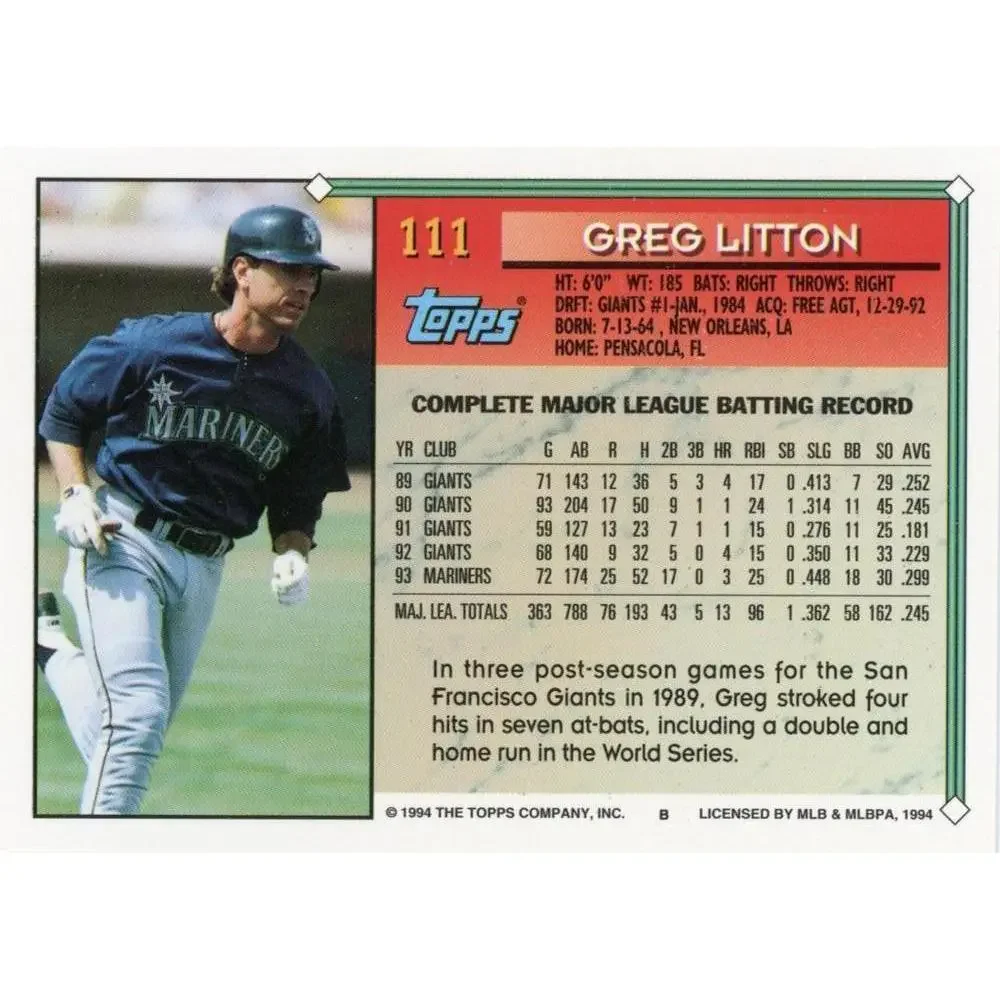 1994 Topps Greg Litton # 111 Seattle Mariners